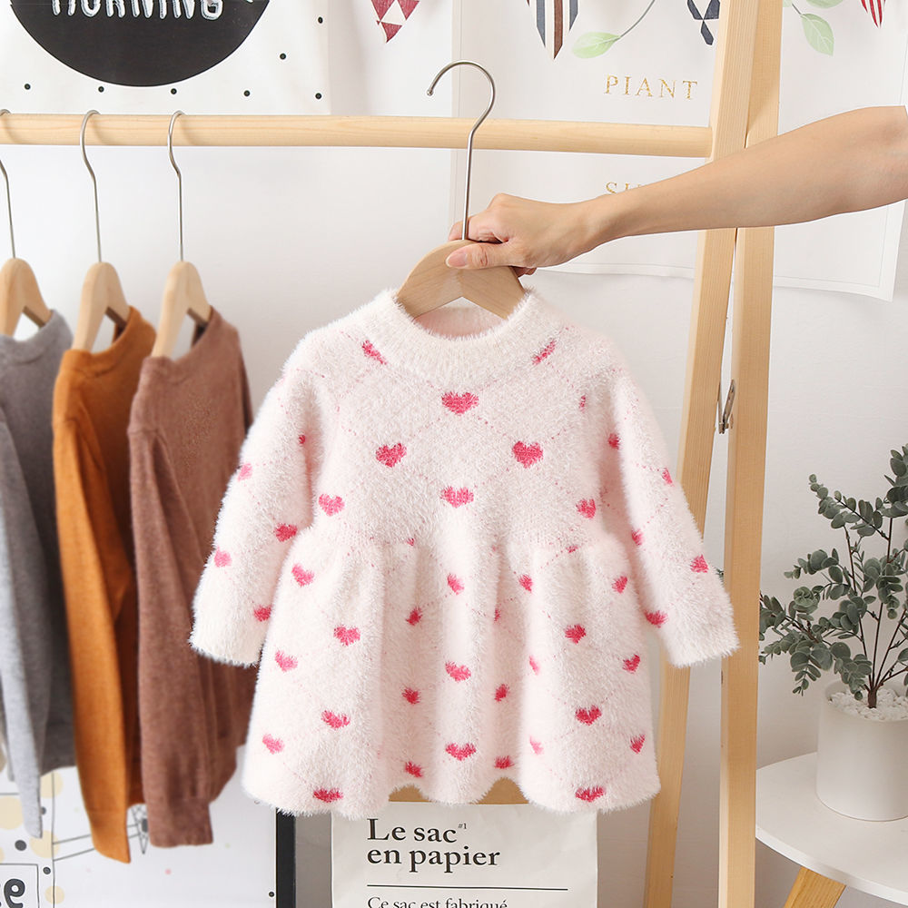 Baby Toddler Girls Pink Red Heart Shape Valentines Winter Knit Sweater Dress