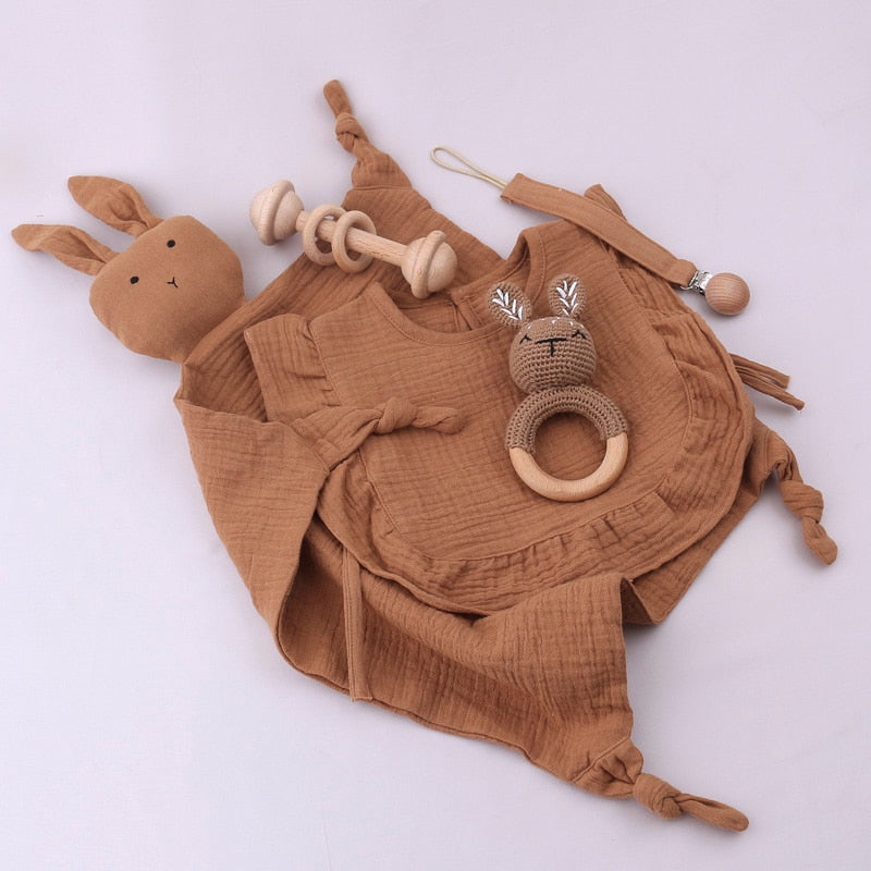 Newborn Gift Set Cotton Towel Wooden Toy Pacifier Chain Brush Set