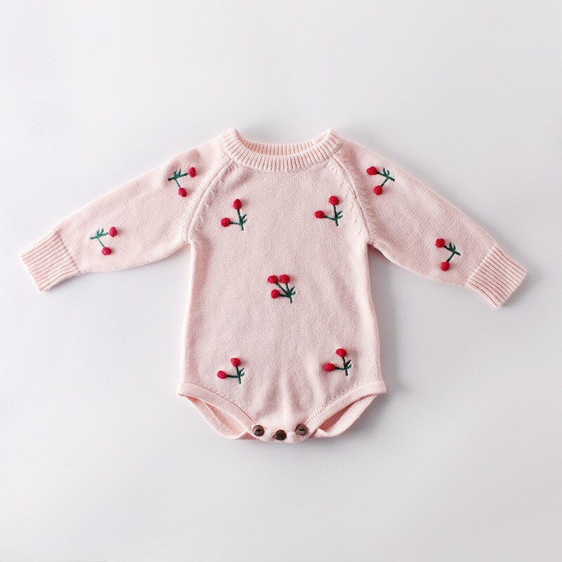 Baby Girl's Knit Rompers Long Sleeve Wool Knitted Cherry Rompers Toddler Clothing