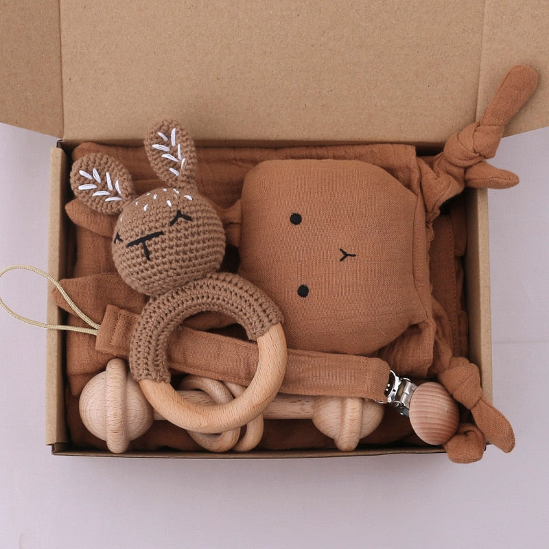 Newborn Gift Set Cotton Towel Wooden Toy Pacifier Chain Brush Set