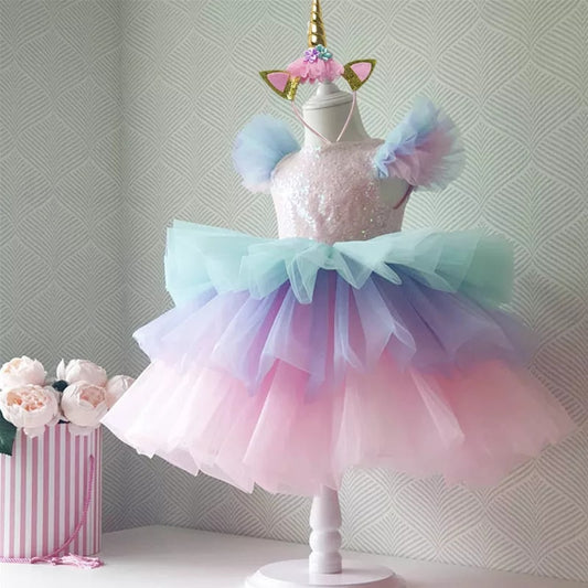 Girls Rainbow Unicorn Princess Dress Cake Layers Tulle Tutu For Wedding Evening Formal Birthday Party Dress with Unicorn Head Accessories
