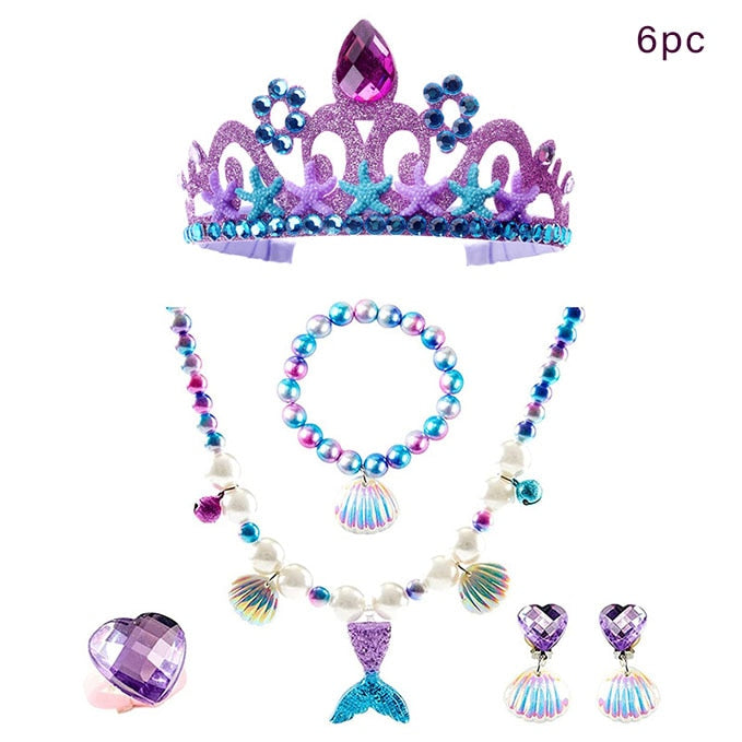 6PCS Mermaid Princess Crown Shell Necklace Bracelet Earrings Girls Birthday Party Accessories