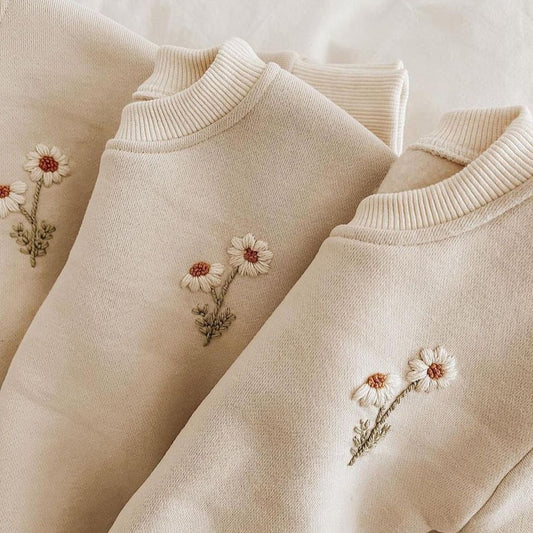 Baby Girls- Toddler Girls Embroidery Daisy Pullover Fleece Sweatshirt+Jogger Pants Set- Tracksuit