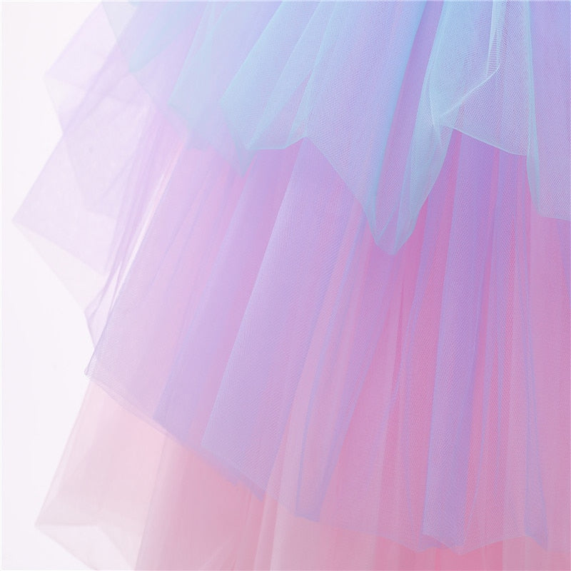 Girls Rainbow Unicorn Princess Dress Cake Layers Tulle Tutu For Wedding Evening Formal Birthday Party Dress with Unicorn Head Accessories