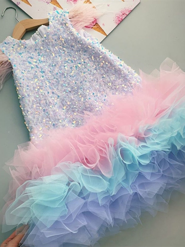 Pink Gold Black Baby Toddler Girls Party Dress Elegant Wedding Ball Birthday Party Tulle Sequins Formal Dress