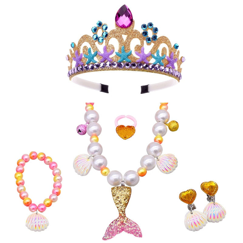 6PCS Mermaid Princess Crown Shell Necklace Bracelet Earrings Girls Birthday Party Accessories