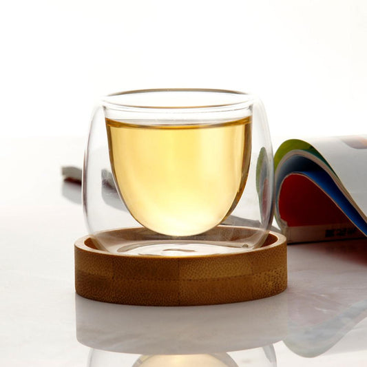 Transparent Glass Coffee Cup With Bamboo Tray