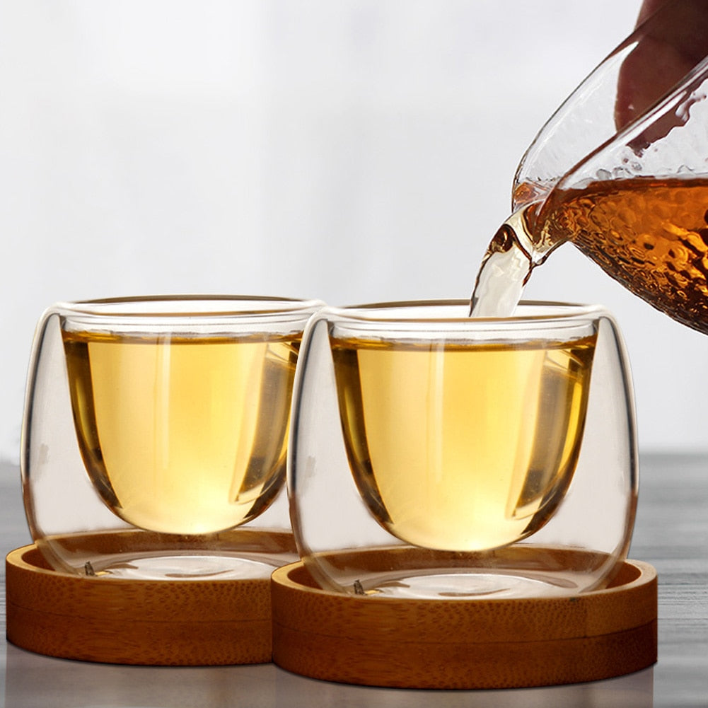 Transparent Glass Coffee Cup With Bamboo Tray